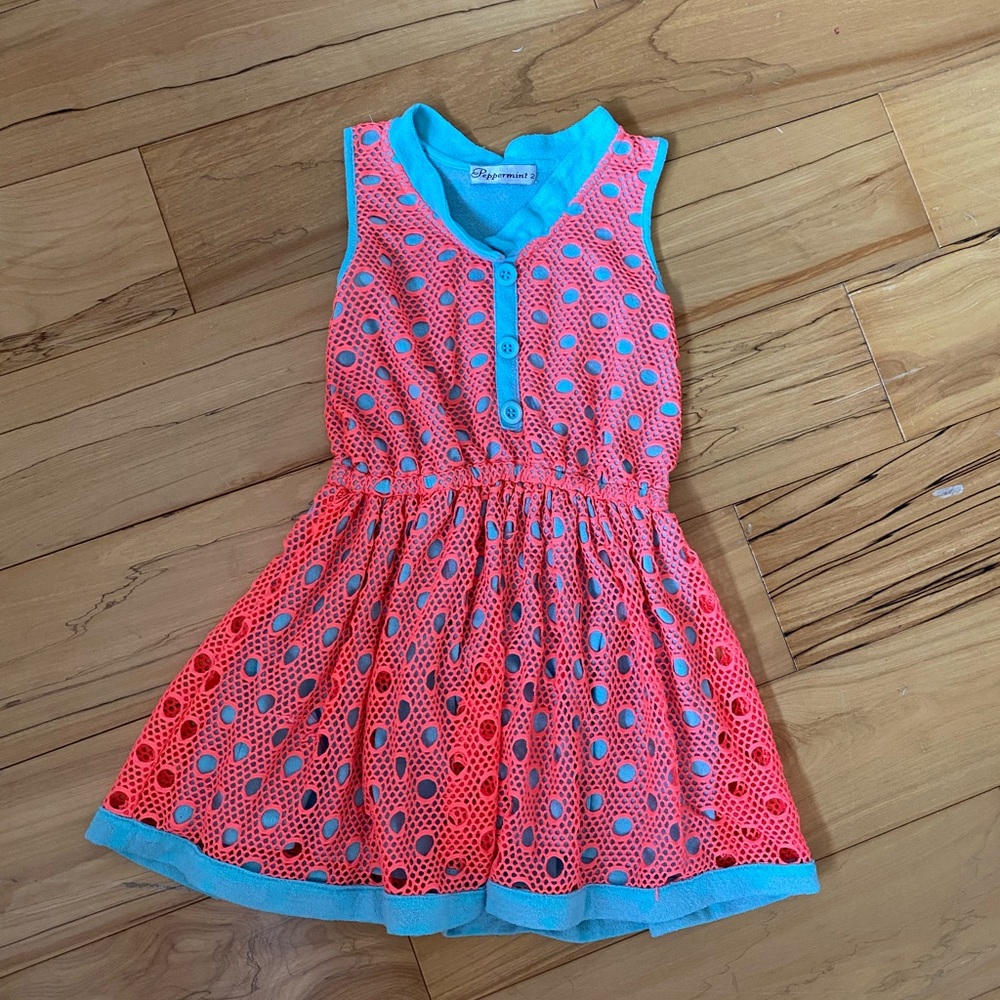 3/$20* Peppermint sz 2 blue dress with crocheted coral overlay (fits big imo)